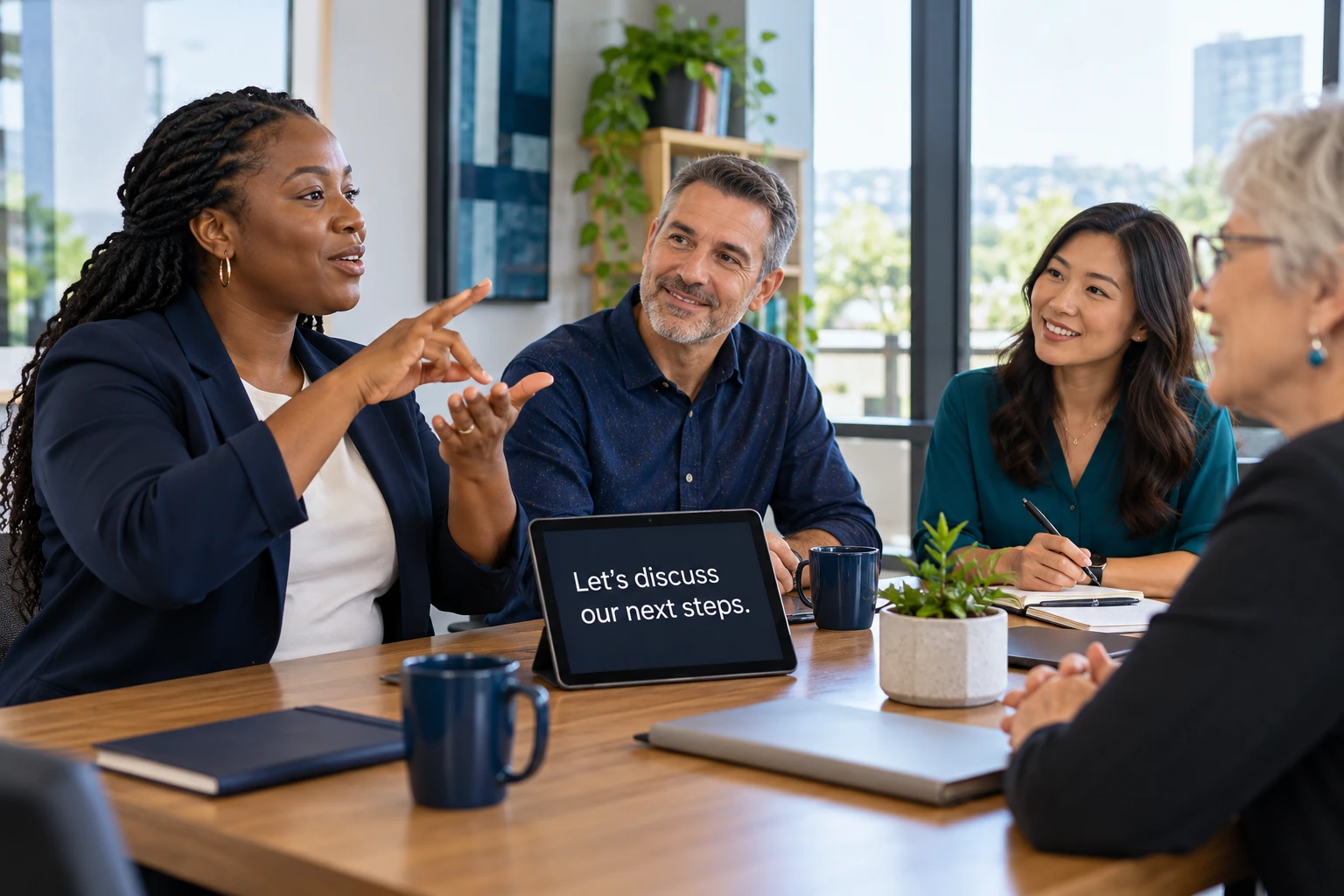 Colleagues communicating through sign language with captions on a tablet.